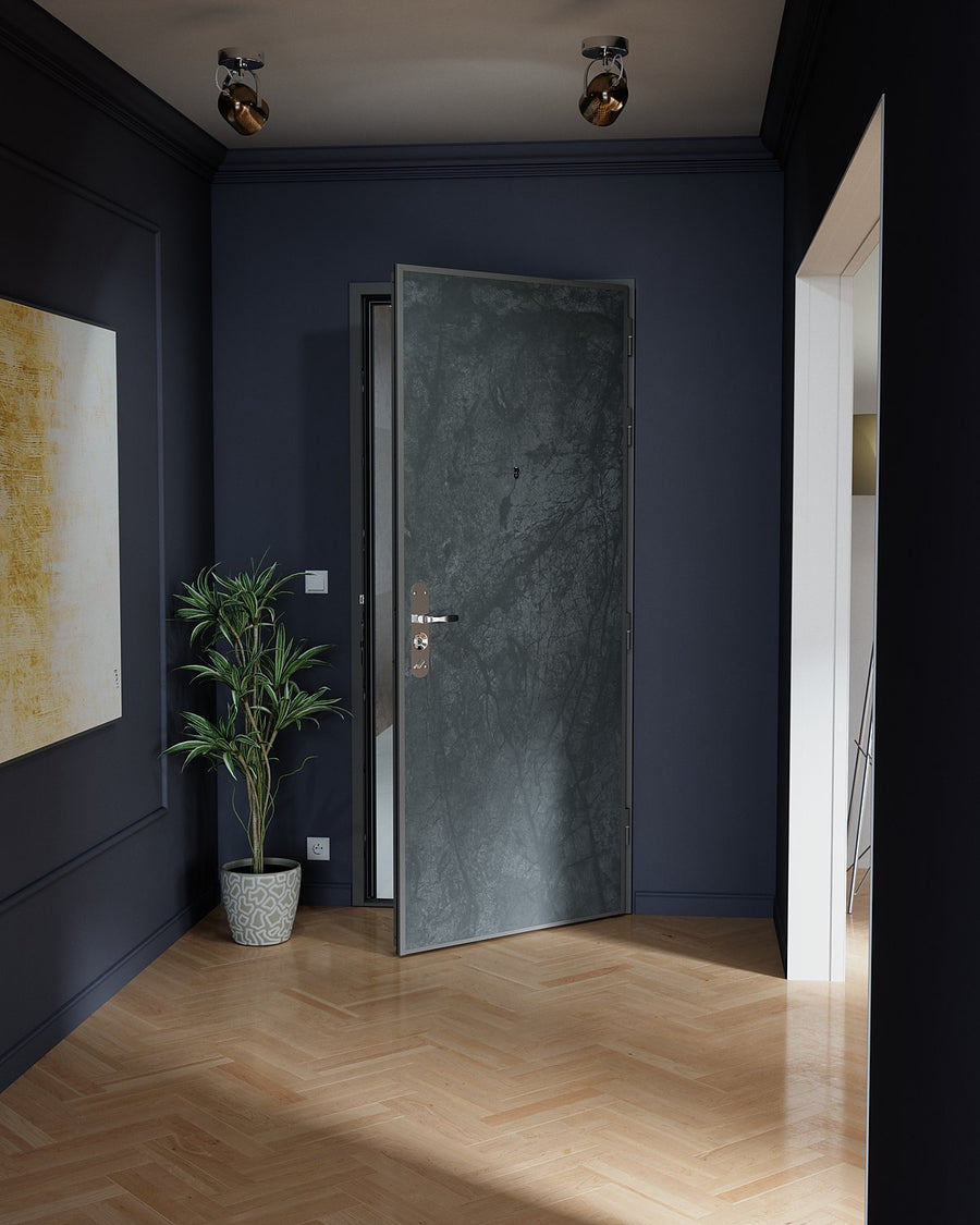 Visuel Picard Serrures : porte blindée Diamant, panneau mélaminé Caviar noir, dans une entrée bleu nuit